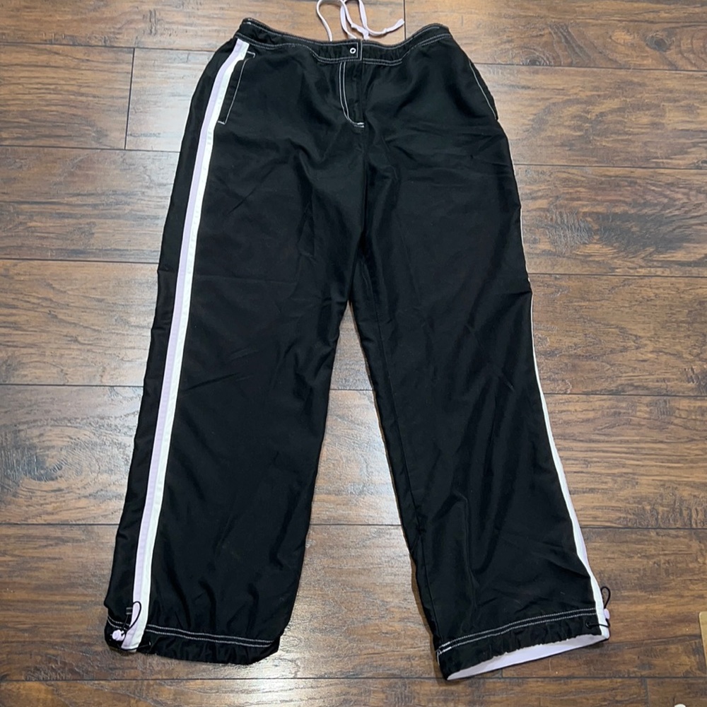 Green tea large black jogging pants white & lavender side stripes EUC!